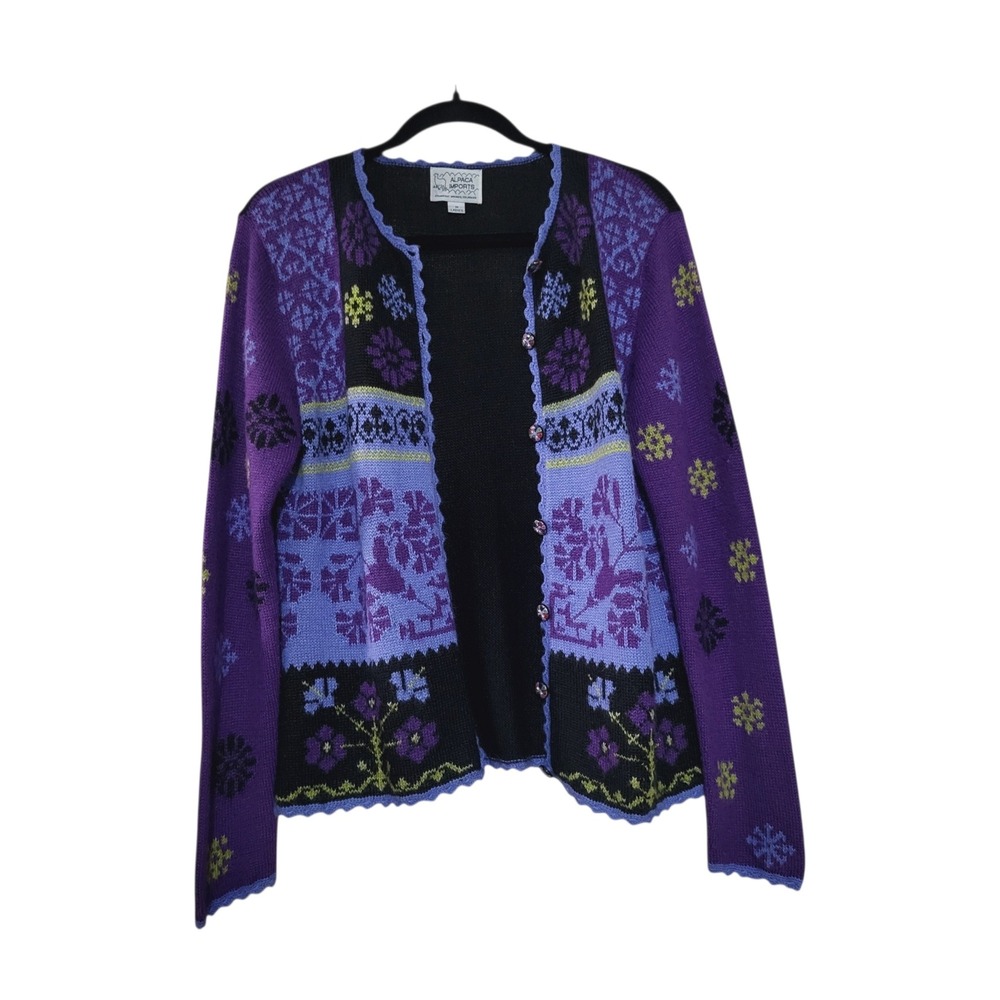 Alpaca Imports Women M Hippie Boho Handmade in Peru Cardigan Sweater Multi Purpl